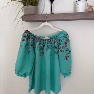 Plus 2x Embroidered Teal on or Off-Shoulder Blouse with Puff Sleeves